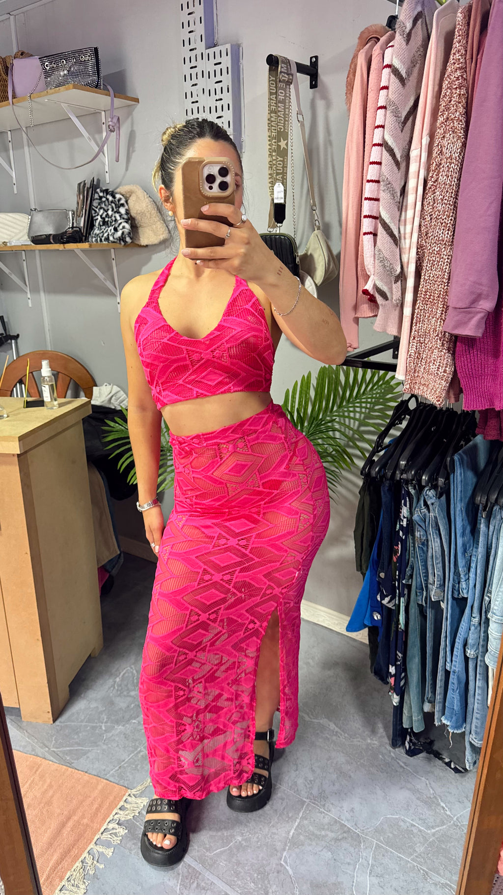 Conjunto rosa top+pollera larga