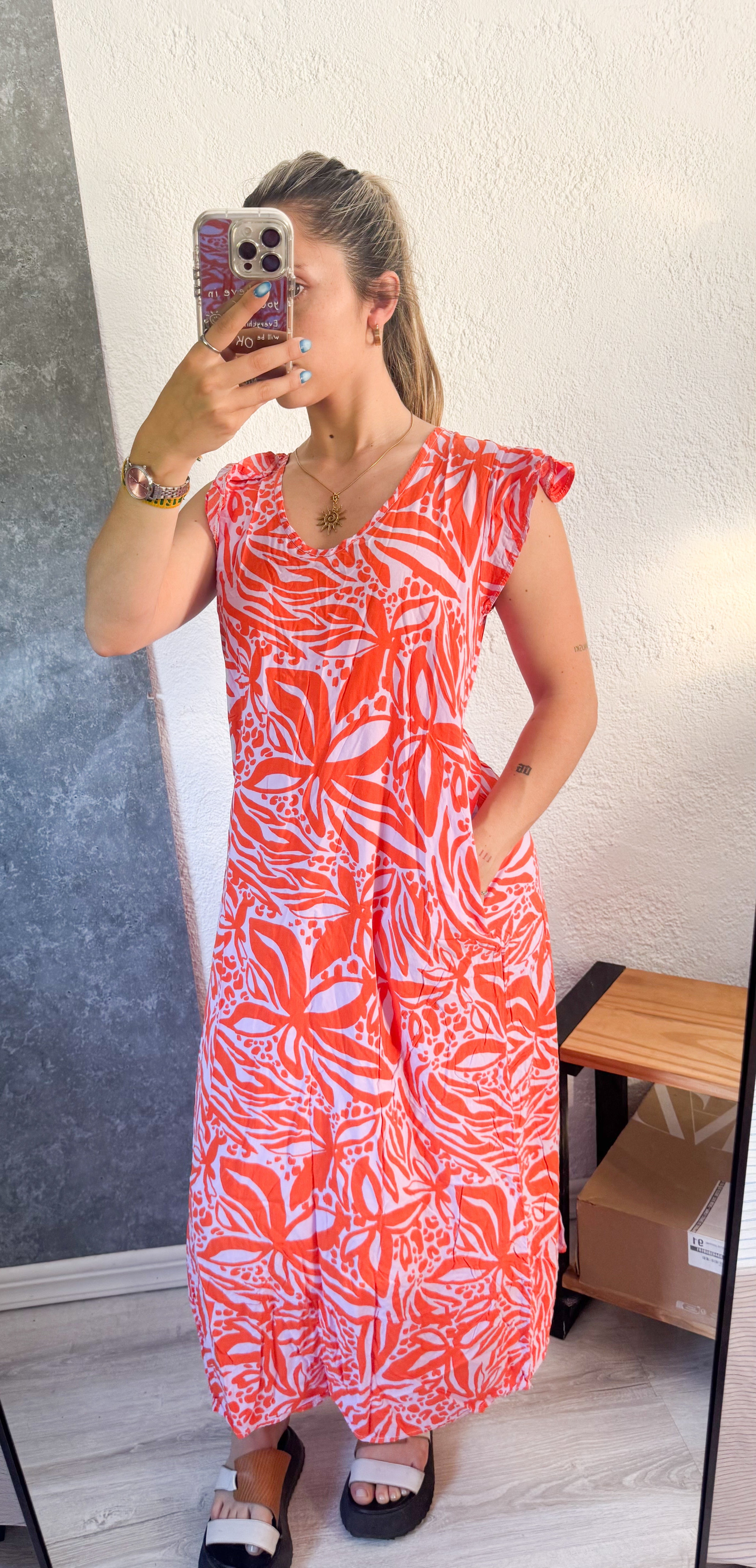 Vestido naranja estampado con bolsillos